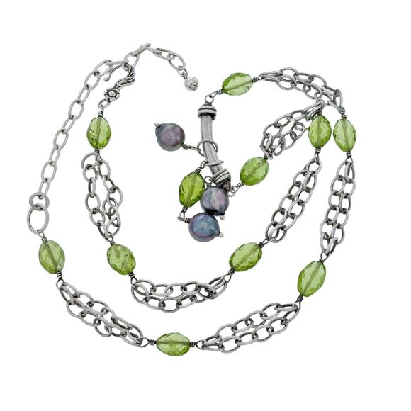 Vintage Silver Tone Pearl and Prasiolite Dangle Necklace 19" - Picture 3 of 4